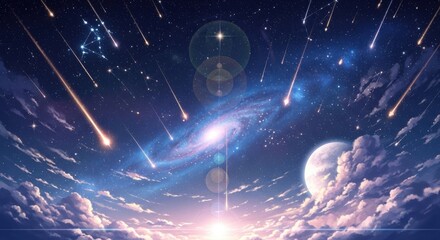 Celestial Cascade Meteor Shower Over a Cosmic Landscape, Galaxy, Night sky, Stars