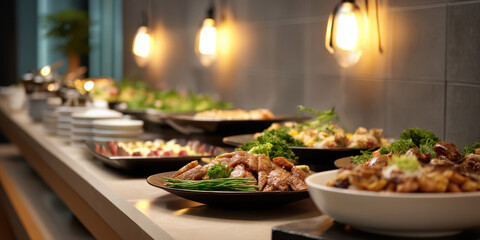 Grilled chicken buffet plate fine dining buffet catering spread illuminated buffet counter restaurant buffet station wide shot