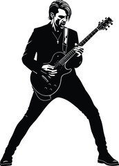Naklejka premium Guitarist playing electric guitar vector illustration black and white eps silhouette
