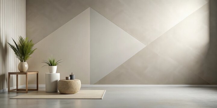 Modern minimalist interior design featuring neutral tones and geometric wall accents with plants and simple furniture