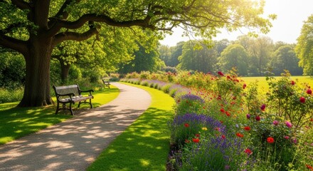 Serene park path lined with colorful flowers under a large tree at sunrise, Garden, Walkway, Floral