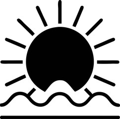 Solid black icon representing the dynamic sun emerging from the calm horizon line of the water, a versatile and striking graphic symbol for design