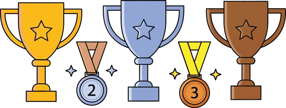 Gold silver bronze trophies and medals vector illustration design