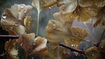 Beautiful Ginkgo Leaves with Water Droplets on Branch in Soft Focus Background