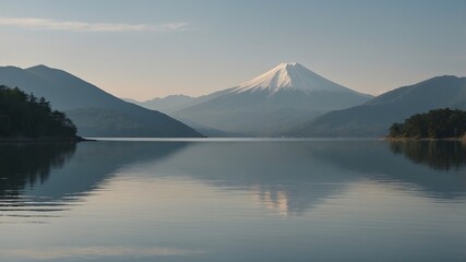 Montaña nevada reflejada en un lago tranquilo al amanecer con colinas oscuras y cielo despejado en un paisaje sereno