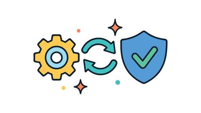 Cybersecurity digital privacy flat vector illustration collection of cute security icons software update: gear arrow circle shield tick spark trails dots arranged horizontal composition