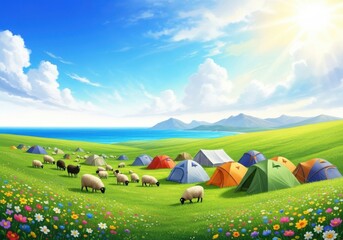 Sheep grazing near colorful tents on a grassy hill overlooking the ocean isolated on white background