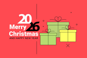 Merry Christmas and Happy New Year 2026. Festive card with gift boxes on a red background. Holiday season celebration. Vector EPS10.