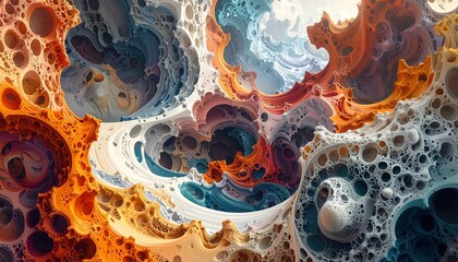 Close-up abstract view of colorful organic, porous shapes and textures