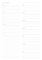 A weekly plan design template in a modern, simple, and minimalist style. Note, scheduler, diary, calendar, planner document template illustration.