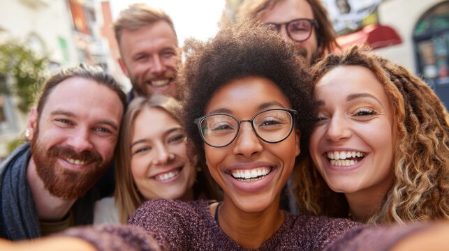 Diverse Group of Happy Young Adults Taking Selfie Outdoor in Urban Setting - Powered by Adobe