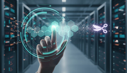 Data foundation quality. ai transformation business touch screen interface in server room conveying secure data transformation and analytic insight