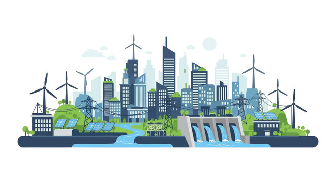 Modern city skyline powered by renewable energy sources including wind turbines and hydroelectric dam