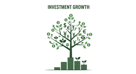 Obraz premium Conceptual illustration of a money tree symbolizing investment growth and financial success with currency symbols on branches