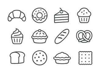Assorted bakery icons: croissant, donut, cake, muffin, cupcake, pie, bread, pretzel