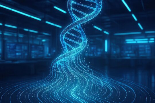AI Genomic Sequence Analysis: DNA double helix dissolving into flowing data streams in futuristic laboratory
