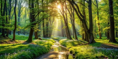 Obraz premium Serene Woodland Stream at Dawn, Sunlight Filtering Through Lush Green Canopy, Illuminating Path and Wildflowers