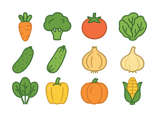 Colorful cartoon vegetables set: carrot, broccoli, tomato, lettuce, cucumber, onion, garlic, spinach, bell pepper, pumpkin, corn