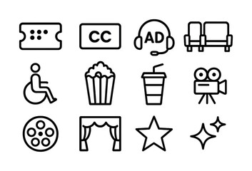 Cinema accessibility icons: subtitles, wheelchair access, popcorn, beverages, and more