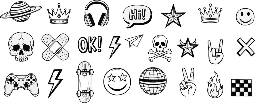 Collection of grunge style black and white tattoo flash art elements