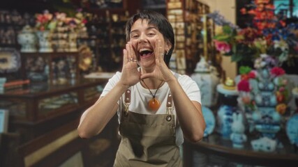 Woman wearing apron cups hands to mouth calling out at a shop counter inside a building; joyful greeting.