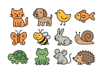 Obraz premium Cute cartoon animals collection: cat, dog, duck, fish, butterfly, bee, rabbit, snail, turtle, frog, mouse, hedgehog