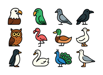 Naklejka premium Colorful cartoon birds collection featuring owl swan penguin parrot