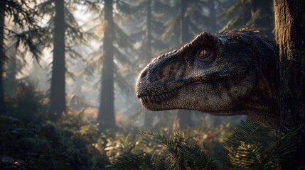 Realistic T-Rex Dinosaur Peeking Through Forest in Dense Jungle Setting