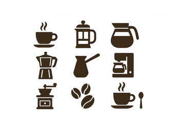 Coffee icons set featuring cups, pot, beans, kettle, french press, grinder