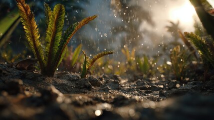 Close-up of Fern Plants Growing in Wet Soil with Sunlight and Water Droplets