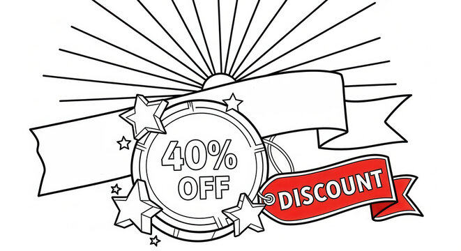 Discount badge illustration featuring a circular design with 40% off text, surrounded by stars and rays, ideal for promotional materials and marketing campaigns