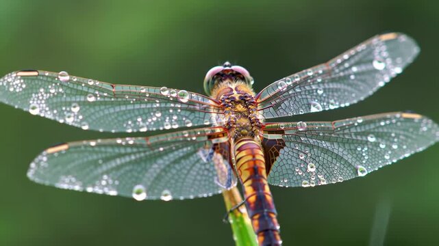 Close-up of a dew-covered dragonfly on a plant against a blurred green background, for nature articles