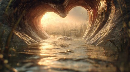 Underwater View of a Heart-Shaped Tree Trunk in a Calm Murky River at Sunset