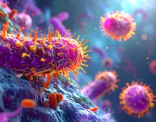 Close-up illustration of vibrant, microscopic biological entities