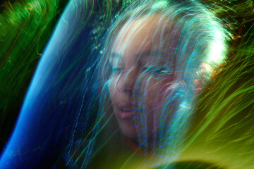 Surreal long exposure abstract female portrait in neon