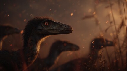 Close-up of a Velociraptor Dinosaur in a Fiery, Smoke-filled Environment at Dusk