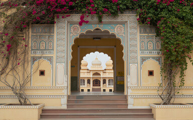 Mysore Royal Archway Backdrop with Intricate Carvings, Bougainvillea and Polished Stone Steps