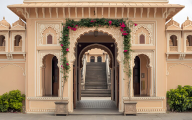 Mysore Royal Archway Backdrop with Intricate Carvings, Bougainvillea and Polished Stone Steps
