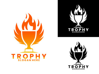 Trophy with fire and wings logo design vector template. Elegant trophy logo design vector template
