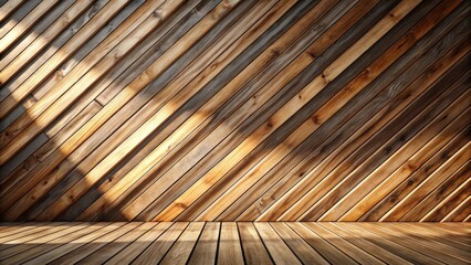 Warm Wooden Room Interior with Diagonal Planking and Sunlight Beams