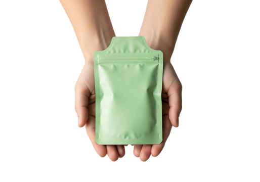 Light green resealable pouch held in cupped hands with zipper closure isolated on a transparent background