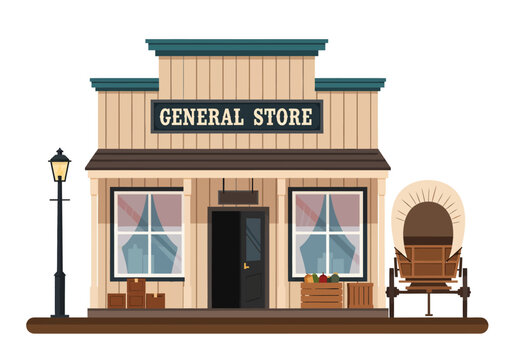 A vector illustration of a classic Wild West general store facade, featuring a covered wagon and an old-fashioned street lamp, isolated on a white background.