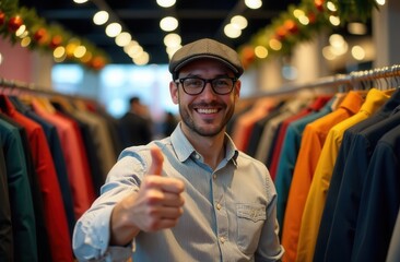 Happy man with glasses and a cap stands in a vibrant clothing store, surrounded by a variety of colorful garments, expressing satisfaction and enthusiasm for shopping experience