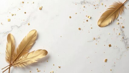 Elegant golden feathers are arranged on a smooth marble surface, surrounded by sparkling confetti, creating a luxurious atmosphere perfect for celebrations or artistic projects with copy space