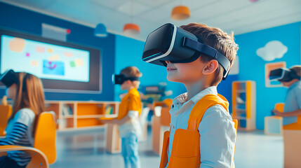 Young students experiencing immersive education using VR technology, exploring new worlds and concepts in a modern school setting
