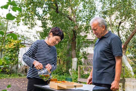 Couple preparing homemade tea in a serene garden setting