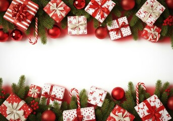 Christmas gifts and decorations border isolated on white background