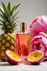 Elegant perfume bottle stands prominently among vibrant tropical fruits and delicate flowers, creating a visually appealing arrangement that evokes freshness and luxury in a bright setting