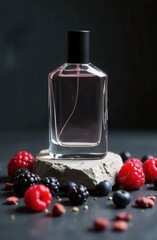 A stylish perfume bottle sits atop a textured stone, surrounded by vibrant raspberries, blackberries, and blueberries, creating a luxurious and inviting atmosphere for fragrance lovers