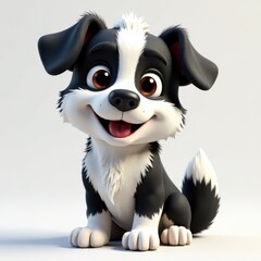Adorable cartoon dog character with black and white fur, large expressive eyes, and a joyful smile, sitting on a light background, showcasing a friendly and playful demeanor